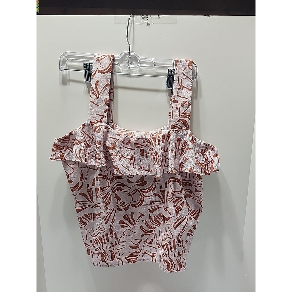 Nine West Women's Ruffle Tank, Size Medium Pink Tropical Lightweight‎ Shirt